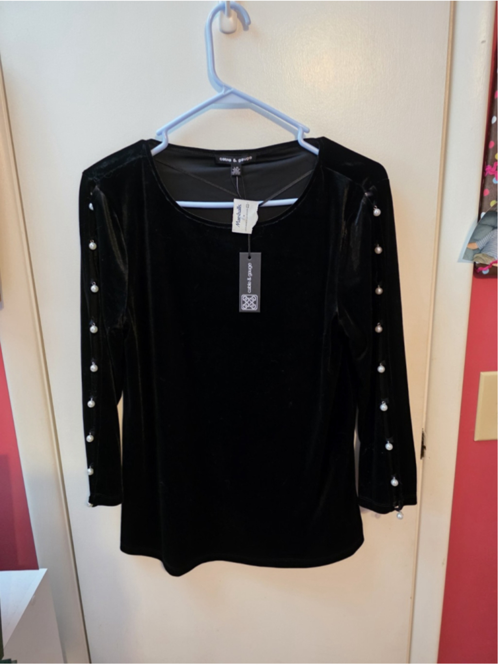 Cable & Gauge Top Womens Large Black Velvet Pearl Open Long Sleeve
